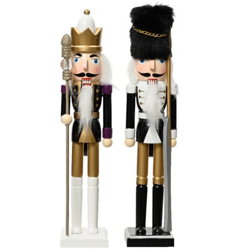 Beautifully detailed traditional wooden nutcracker decorations in luxurious black and gold colours. 