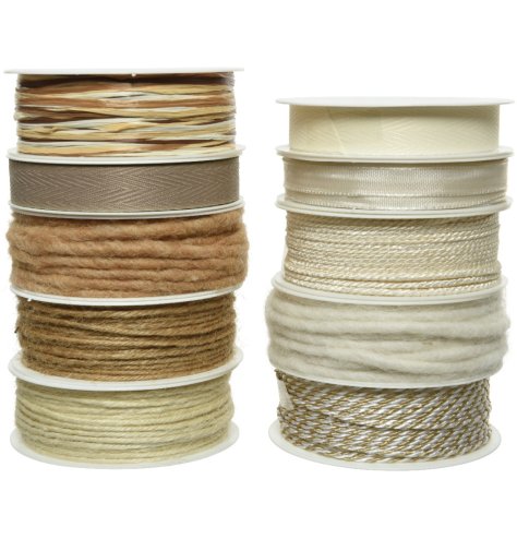 A variety of 10 ribbons in neutral colours. Featuring different materials, textures and patterns. 