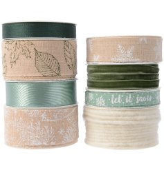 A mix of natural and green ribbons in a variety of textures and materials. With plain and printed designs.