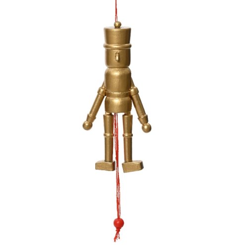 A unique jointed nutcracker painted in a rich festive gold colour. Complete with a red string hanger.