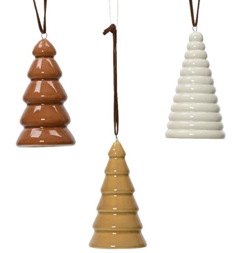 An assortment of 3 contemporary tree shaped hanging decorations with ridged detailing and a glossy finish. 