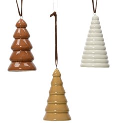 An assortment of 3 contemporary ridged tree decorations in neutral colours with a glossy finish. 