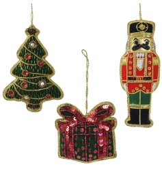 A mix of 3 decadent hanging decorations. Each is richly coloured and hand crafted with embroidery and beading. 