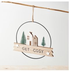 A chic nordic inspired wreath with a contemporary street scene and Get Cosy sign.