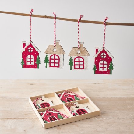 An 8 piece pack of wooden hanging house decorations with a festive theme, cutout detailing and striped hanger loop. 
