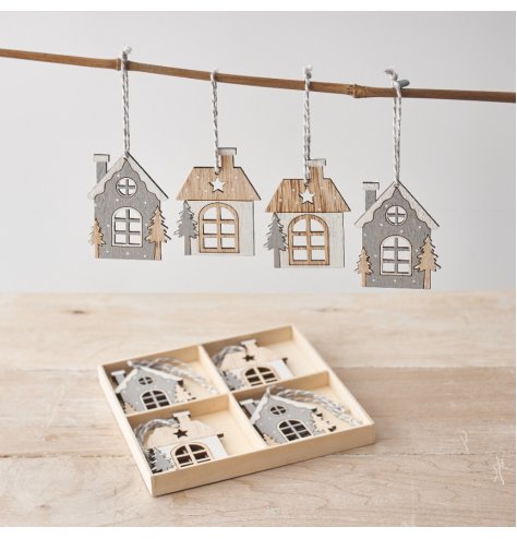 A set of 8 wooden hanging house decorations with cut out design, festive details and striped hanging loop.