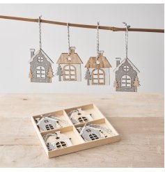 A pack of 8 wooden house decorations with a festive theme and cut out detailing. 