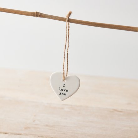 A stylish mini hanging heart with a class I Love You stamp. Complete with a rustic jute string hanger. 