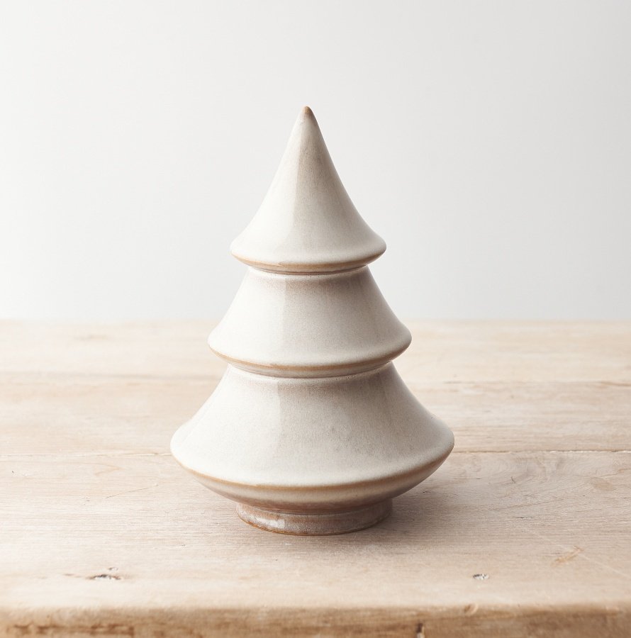 A contemporary Christmas tree ornament with a natural glaze.