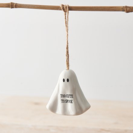 A charming and unique ghost decoration with a TOO CUTE TO SPOOK slogan and rustic hanger.