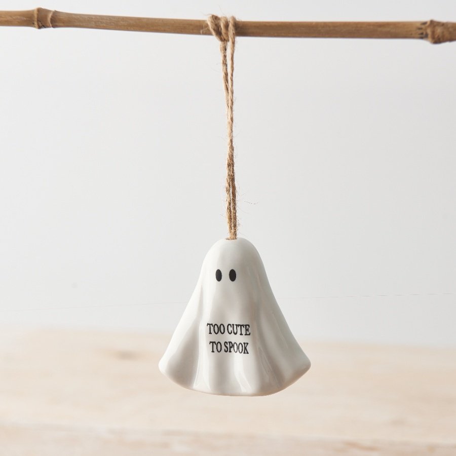 Too cute to spook. A unique porcelain ghost decoration with a rustic jute string hanger.