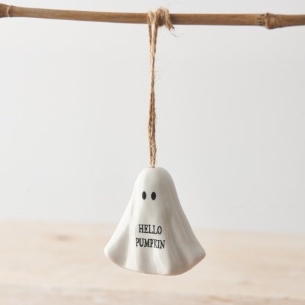 An adorable ghost ornament with a printed Hello Pumpkin slogan and jute string hanger. 
