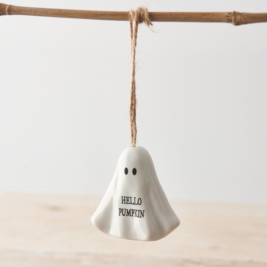 An adorable Hello Pumpkin ghost ornament with a rustic jute string hanger. 