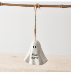 An adorable ghost ornament with a printed Hello Pumpkin slogan and jute string hanger. 