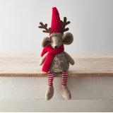 A cute nordic mouse decoration with antlers, knitted dangly legs and red accessories. 