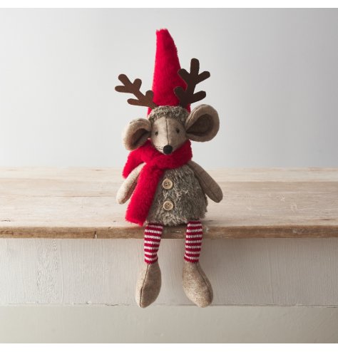 A sweet mouse decoration with striped dangly legs, antler detail and colourful red accessories. 