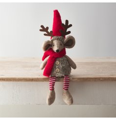 A cute nordic mouse decoration with antlers, knitted dangly legs and red accessories. 