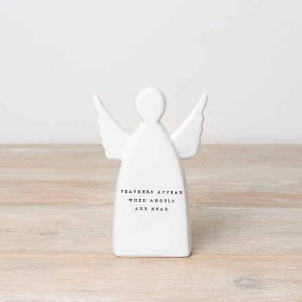 A simple and stylish ceramic angel ornament with "feathers appear when angels are near" text. 