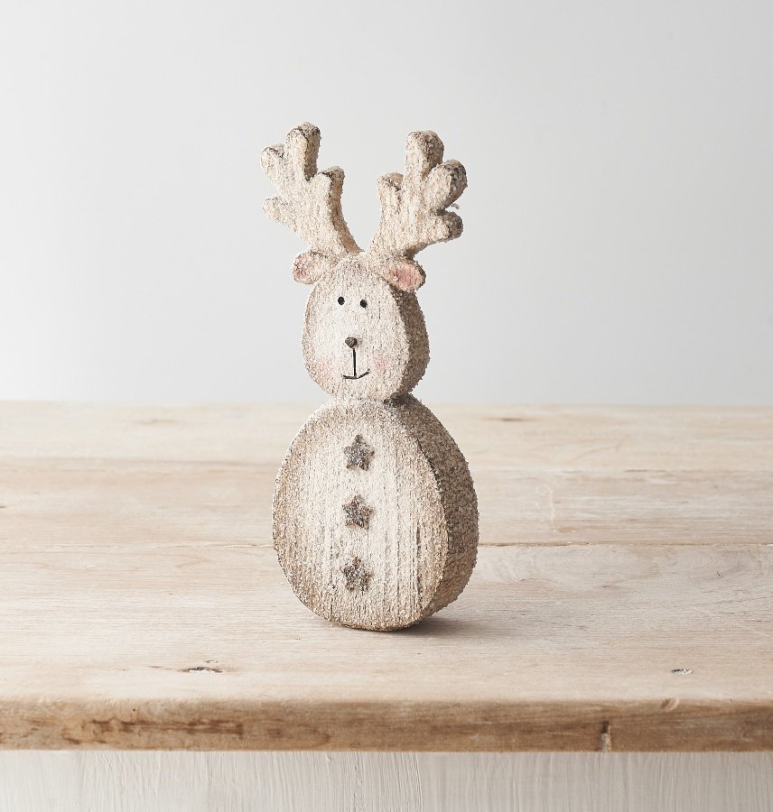 A cute and charming reindeer decoration with a glittery finish and star motif details. 