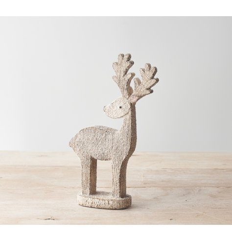 A sweet standing reindeer decoration with a textured and glittery finish. 