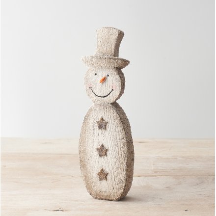 A cute snowman decoration with star motifs and a glittery finish. 