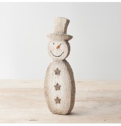 A cute snowman decoration with star motifs and a glittery finish. 