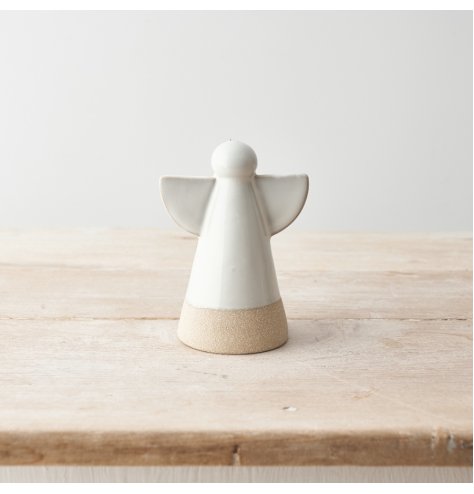 A ceramic angel ornament with a minimal clean design featuring contrasting coloured edges and border. 