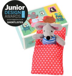 A cute fabric mouse with red polka dot bed and striped jumper presented in a illustrated gift box.