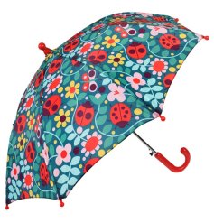 A bright and vibrant children's umbrella with a pretty butterfly, ladybird and floral pattern. 