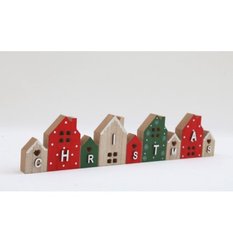 A charming, nordic style wooden village scene spelling Christmas. A beautifully detailed sign in natural, red and green 