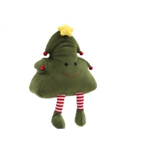 A charming Christmas tree shaped doorstop with a cute face, red and white stripy legs and red bells.