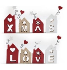 Individual house shaped signs in red, white and natural finishes. Each has a cut out letter and charming chimney detail.