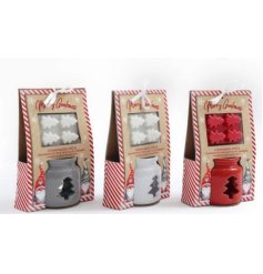 Grey, white and red oil burners with a festive tree design. Complete with tree shaped melts and gonk gift packaging.