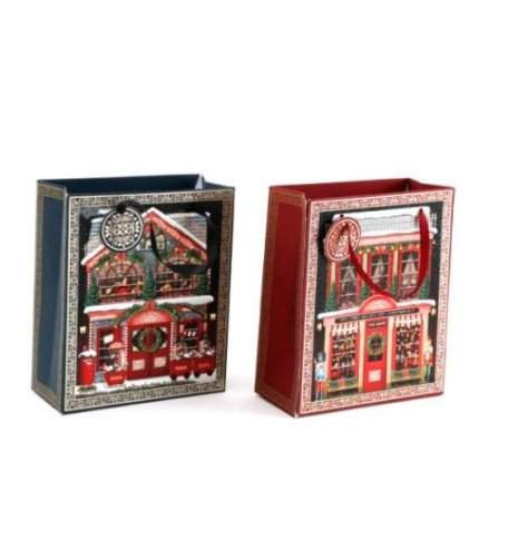 An assortment of 2 green and red fine quality gift bags, each with a traditional toyshop and workshop design. 