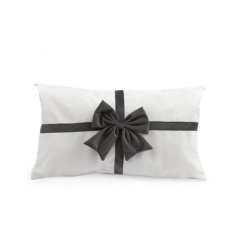 White scatter cushion with 3D Black / Grey bow,