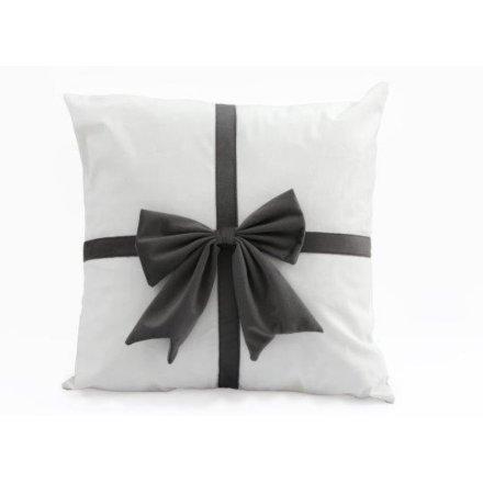 White & Grey Scatter Cushion W/ Bow Detail, 40cm