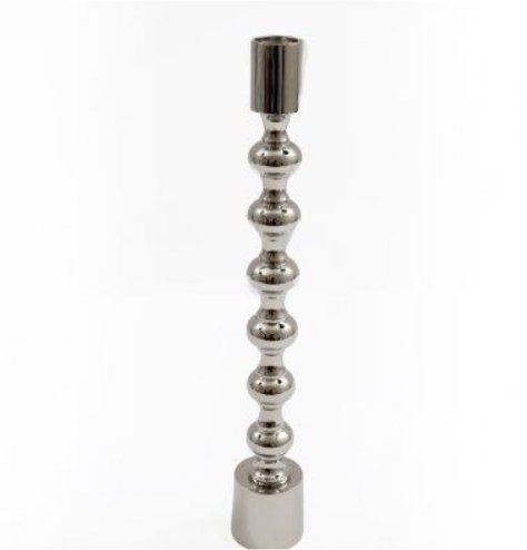 A 30cm silver coloured metal candlestick with a stylish curved pattern. 