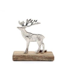 A stylish hammered silver reindeer ornament set upon a natural mango wood base.