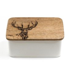 A simple yet stylish metal tin with contrasting wooden lid featuring a stag design. 