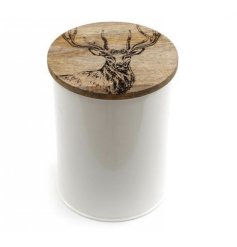A stag engraved canister with a metal body and mango wood lid.