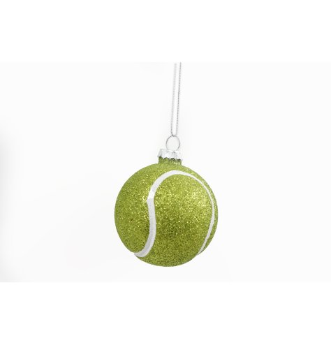 A tennis ball shaped Christmas bauble with a glitter finish. 