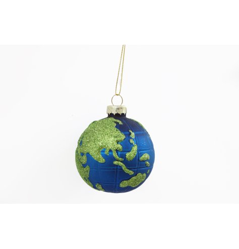 A glass Christmas bauble with a quirky map design and glitter design details.