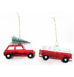 An assortment of 2 design Christmas baubles featuring various vehicle designs with a red colour scheme. 