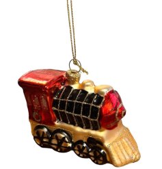 A glass Christmas bauble with a train design and red/gold colour scheme. 