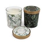 An assortment of 2 stylish glass candle pots with a chic sage design. Each has a warming apple and cinnamon fragrance. 
