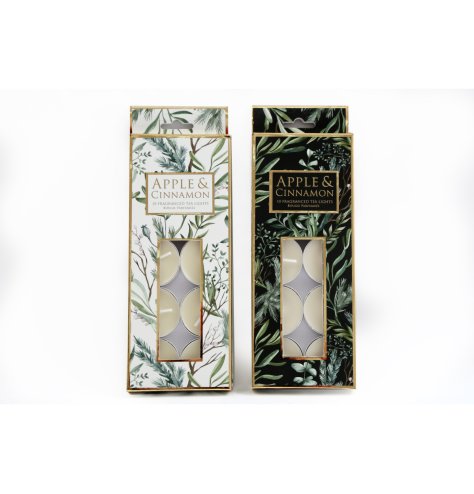 Apple and cinnamon scented t-light candles in stylish black and white sage design packaging. 