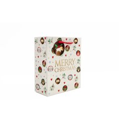 A festive gift bag decorated with traditional Christmas imagery including Santa and snowmen designs. 