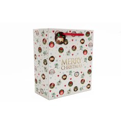 A stylish gift bag perfect for the festive season, featuring traditional Christmas images including Santa and reindeer. 