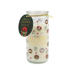 A scented stylish wax candle in glass jar with festive decoration including Santa and snowman images.