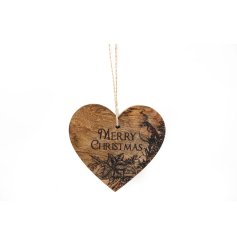 Say Merry Christmas with this natural wooden heart hanger with a traditional laser cut Merry Christmas slogan